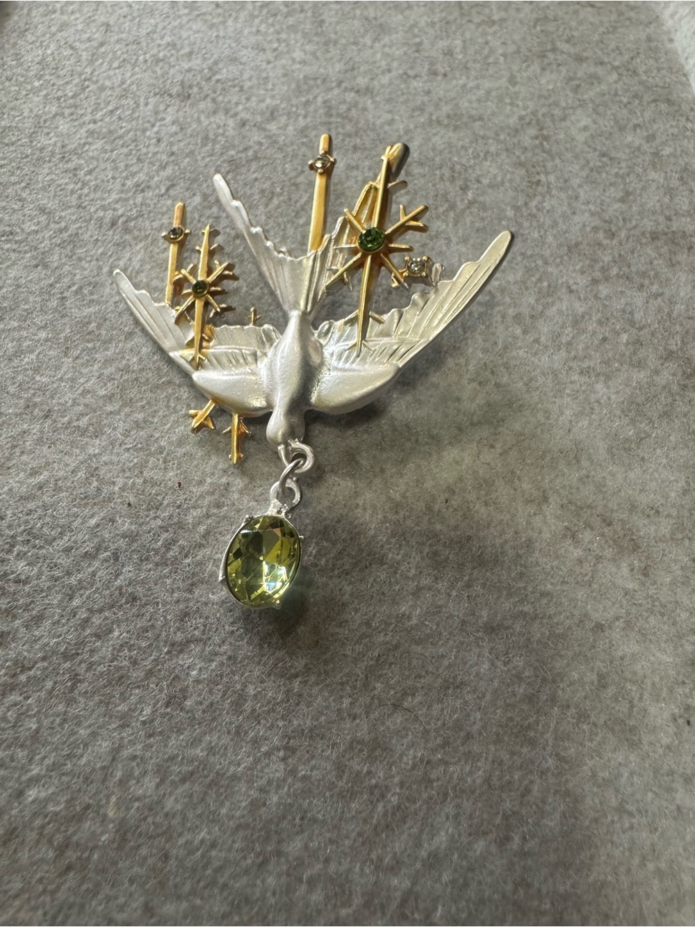 Silver Bird Brooch with Green Crystal Drop